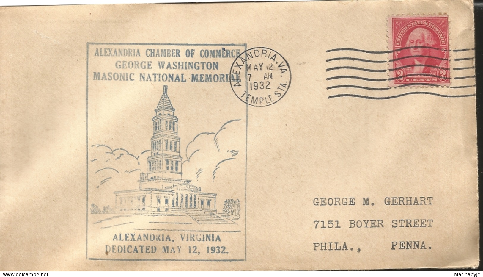 J) 1932 UNITED STATES, ALEXANDRIA CHAMBER OF COMERCE GEORGE WASHINGTON MASONIC NATIONAL MEMORIAL, CIRCULATED COVER, FROM - Altri & Non Classificati