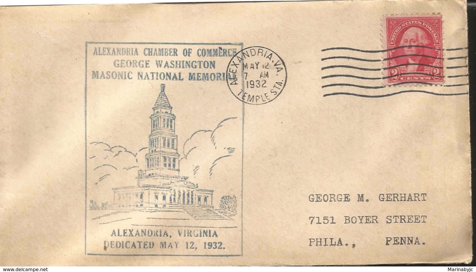 J) 1932 UNITED STATES, ALEXANDRIA CHAMBER OF COMERCE GEORGE WASHINGTON MASONIC NATIONAL MEMORIAL, CIRCULATED COVER, FROM - Sonstige & Ohne Zuordnung