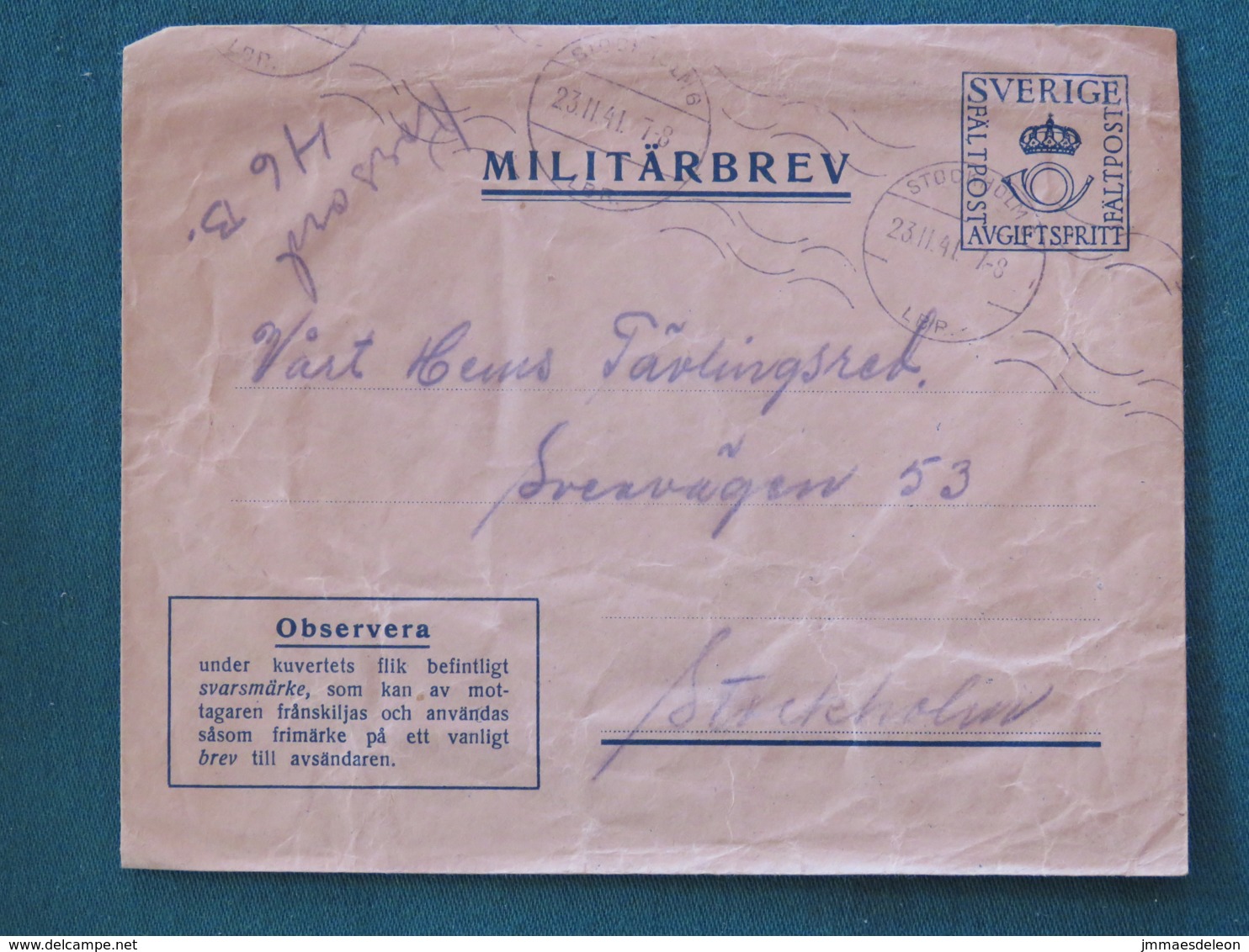 Sweden 1941 Military Army Cover Sent From Germany - Militaires