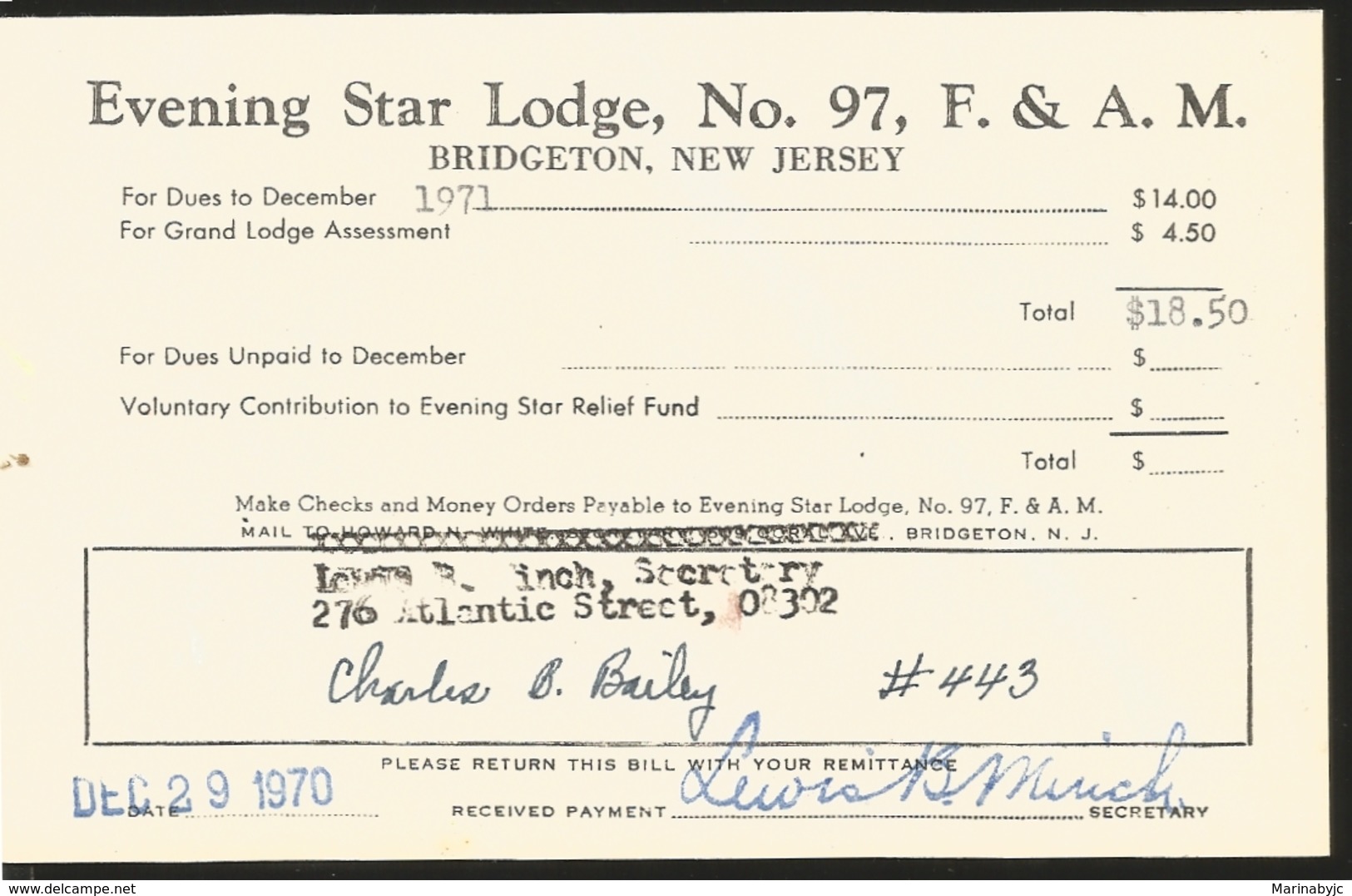 J) 1971 UNITED STATES, EVENING STAR LODGE N°97 F&AM, RECEIPTS, XF - Autres & Non Classés