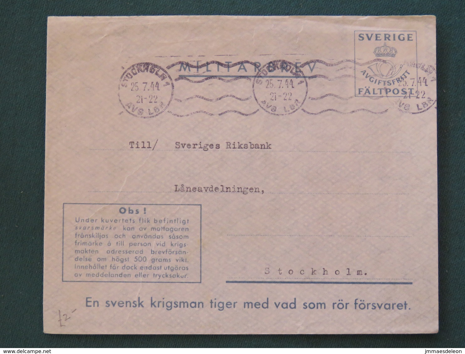 Sweden 1944 FDC Military Army Cover Perhaps Sent From Germany - Militaires