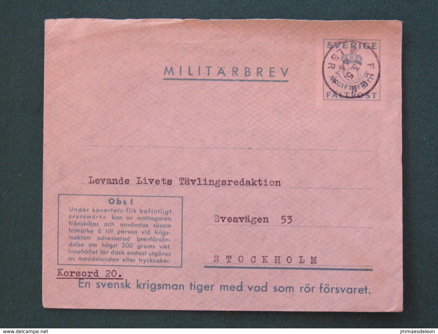 Sweden 1944 FDC Military Army Cover Perhaps Sent From Germany - Militaires