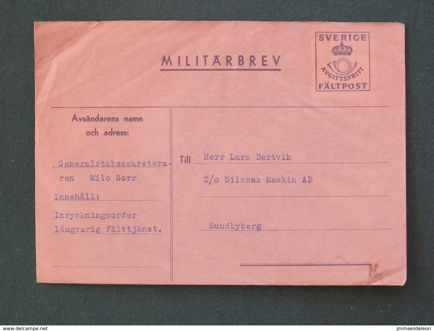 Sweden Around 1944 Military Army Cover Perhaps Sent From Germany - Military