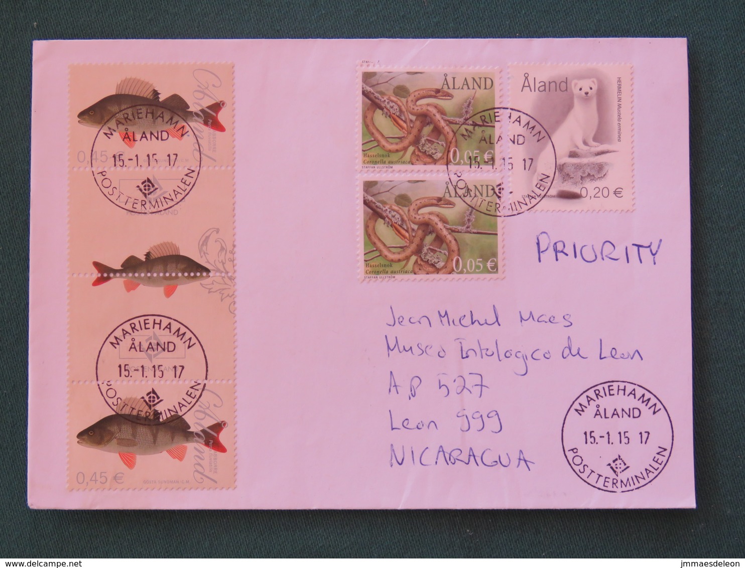 Aland 2015 Cover To Nicaragua - Fishes - Snakes - Animals Hermine - Aland