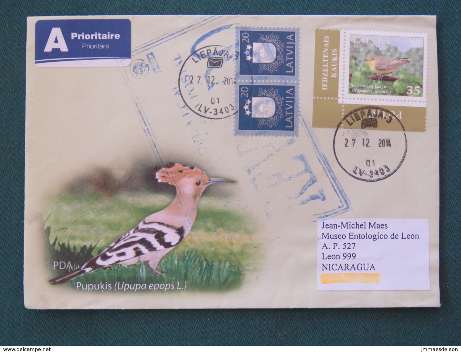 Letonia Latvia 2014 Cover To Nicaragua - Birds Upupa - Arms - Control Cancel Of Mexico - Lettonie