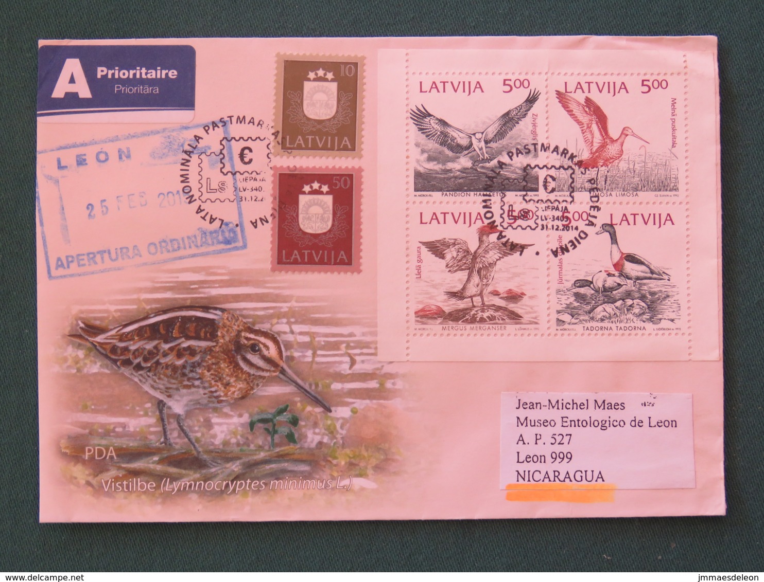 Letonia Latvia 2014 Cover To Nicaragua - Birds Souvenir Sheet - Arms - Lettonie