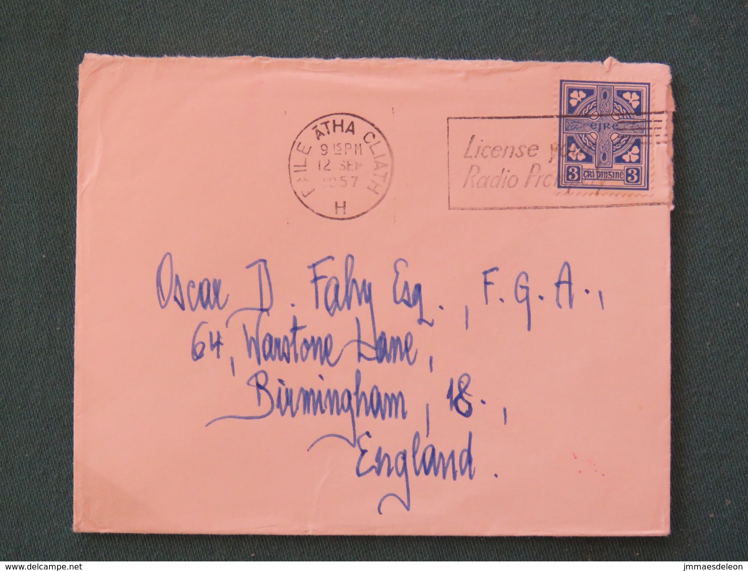 Ireland 1957 Cover To England - Cross - Radio Slogan - Lettres & Documents