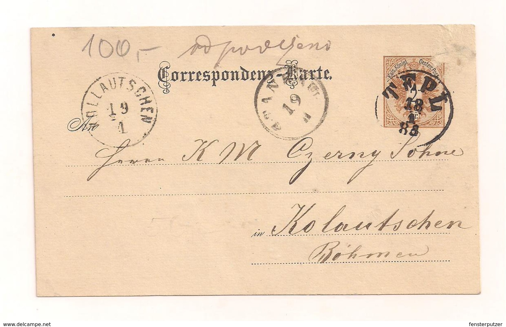 Correspondenz-Karte - 18.1.1885 - Echt Gelaufen - Von Tepl Nach Kolautschen - Ohne Zuordnung