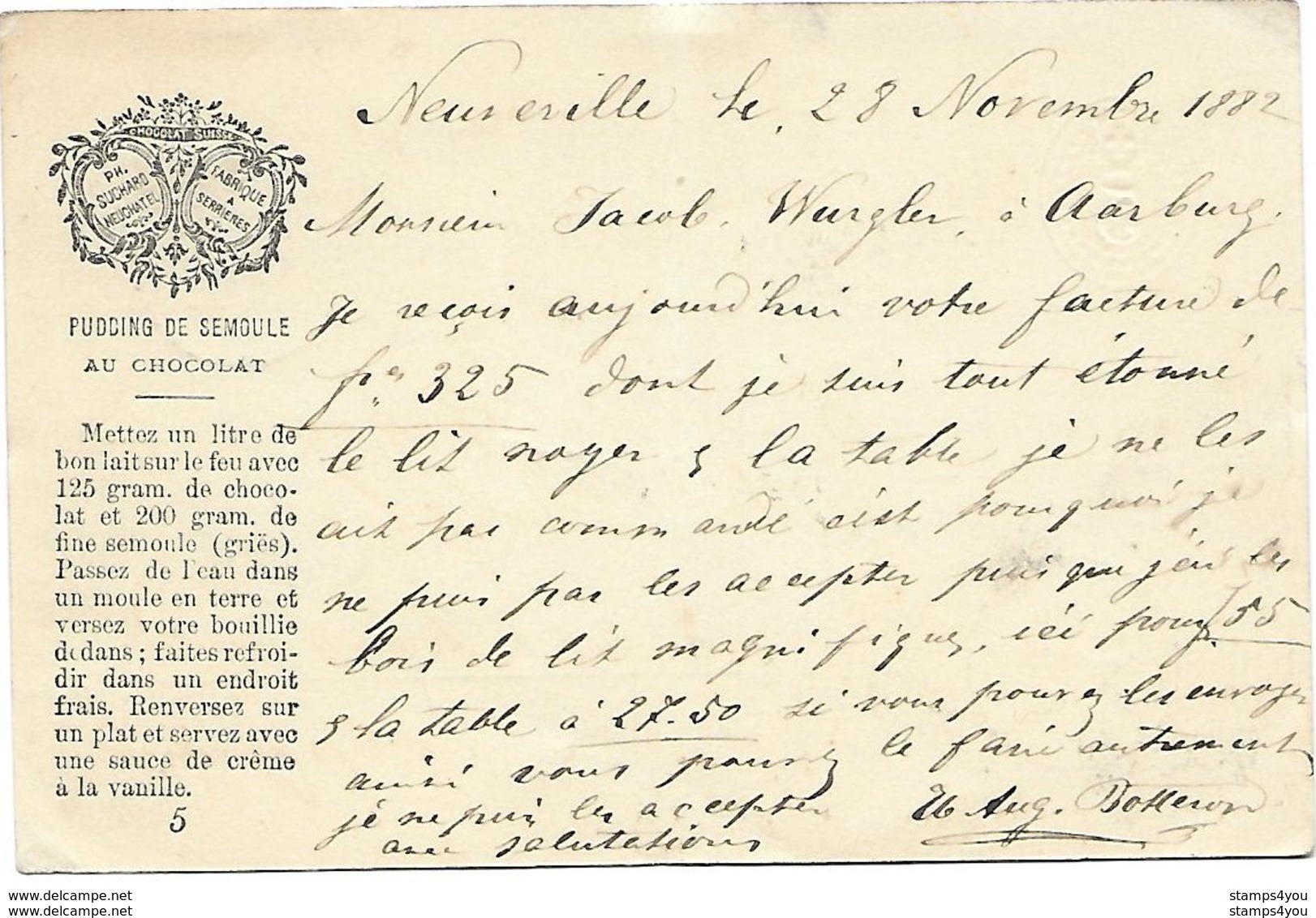 4 - 35 - Entier Postal "Suchard" Avec Cachets à Date Neuveville Et Aarburg 1882 - Entiers Postaux