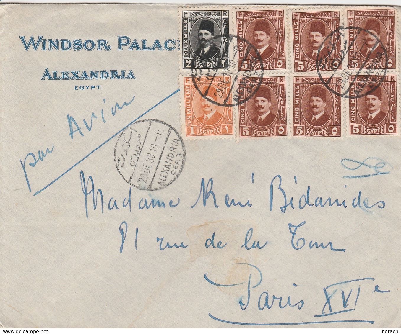 Egypte Lettre Windsor Palace Alexandria Pour La France 1933 - Covers & Documents