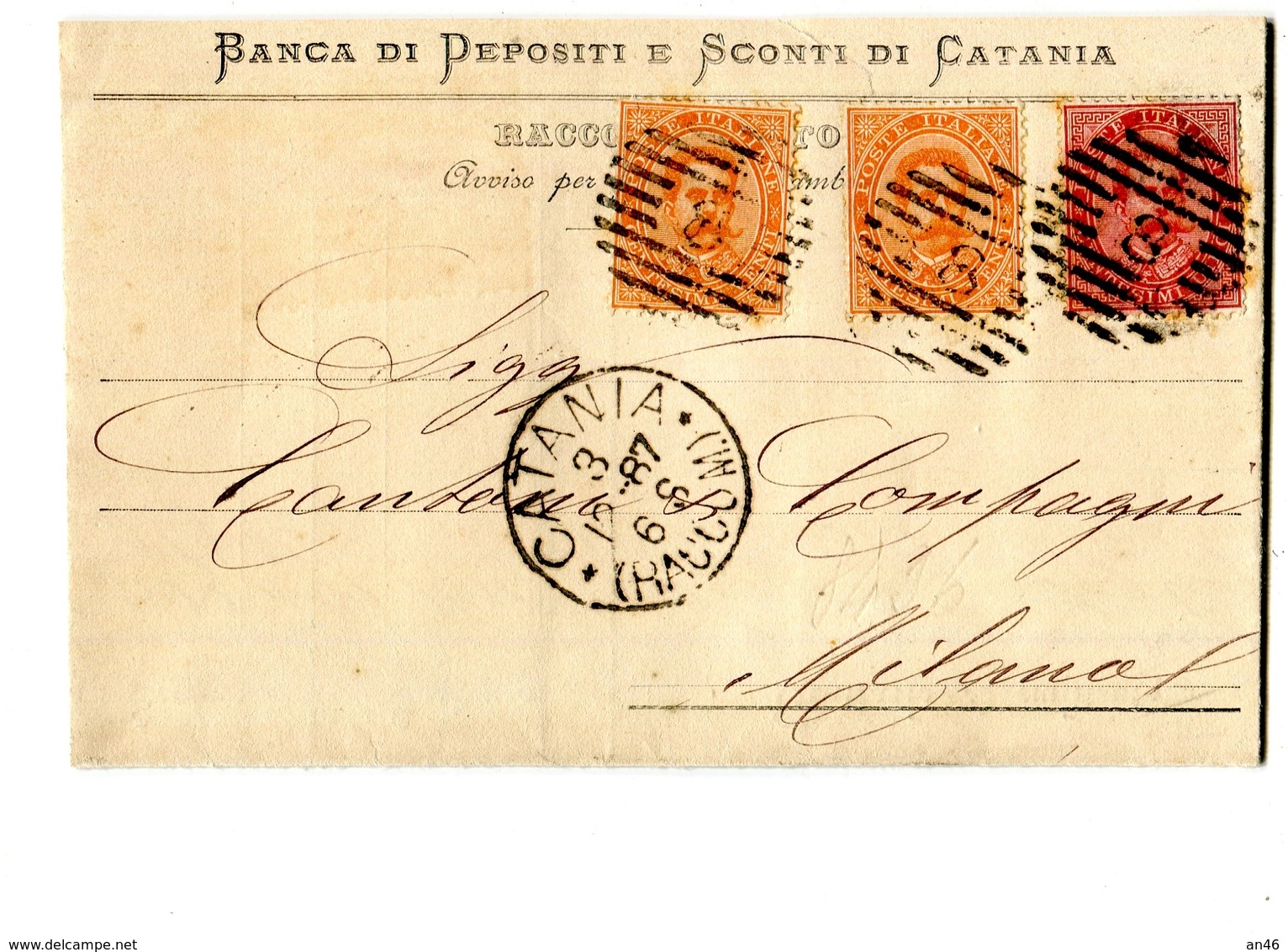 STORIA POSTALE-REGNO D'ITALIA-RE UMBERTO-2 Da 20-1 Da 10 Cent.-1887-BANCA DI DEPOSITI E SCONTI DI CATANIA - Poste