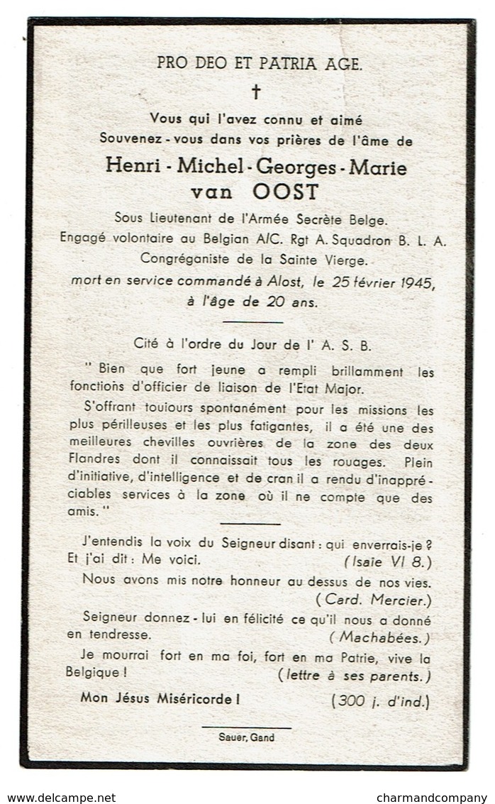 Oorlog Guerre 39-45 Henri Van OOST - Sous-Lieutenant De L'Armée Secrète Belge - Mort En Service Commandé à Alost 25/2/45 - Andachtsbilder