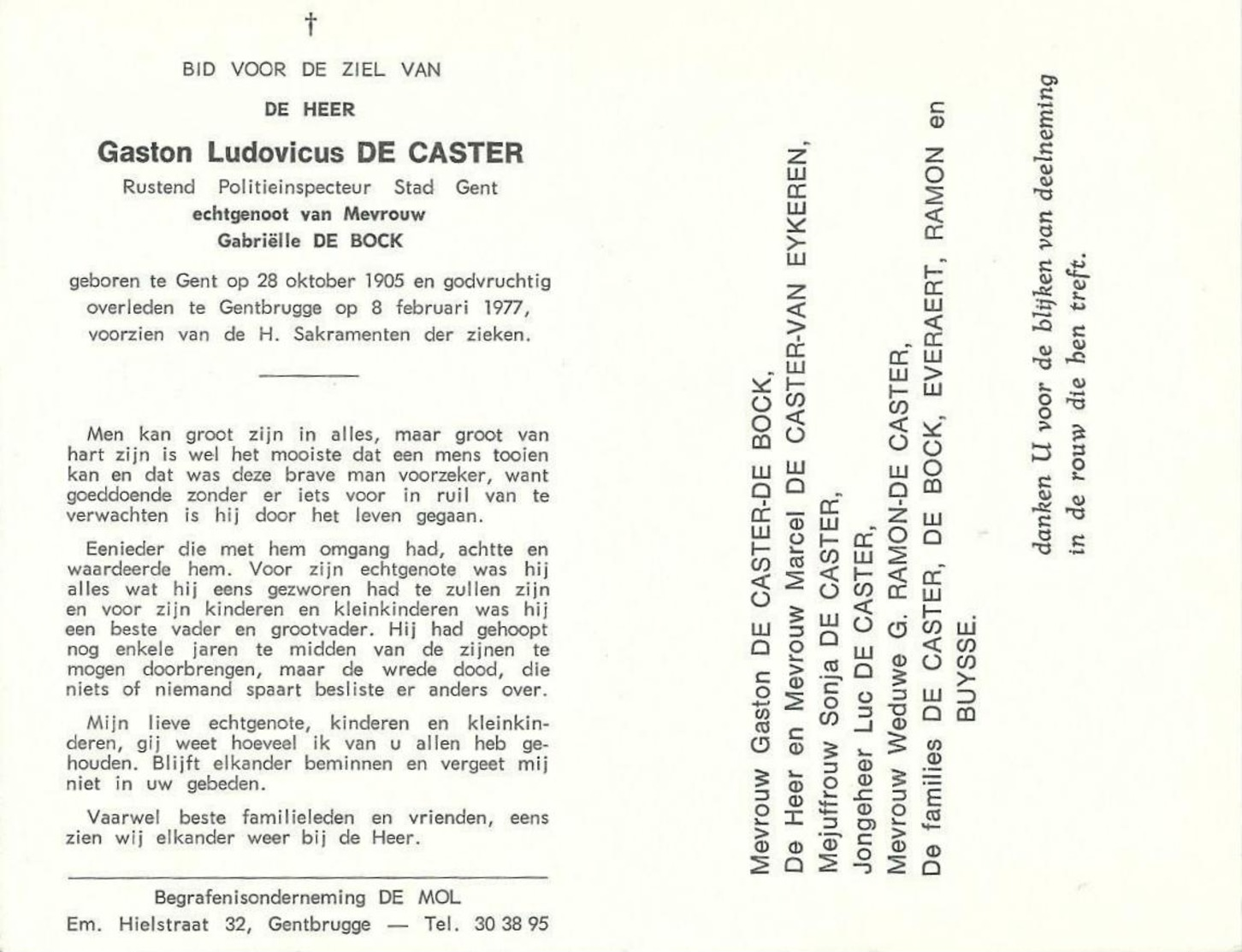 Doodsprentje Van Gaston DE CASTER- ° GENT 1905 * GENTBRUGGE 1977- Rustend Politie-inspecteur Van De Stad GENT - Religion & Esotérisme