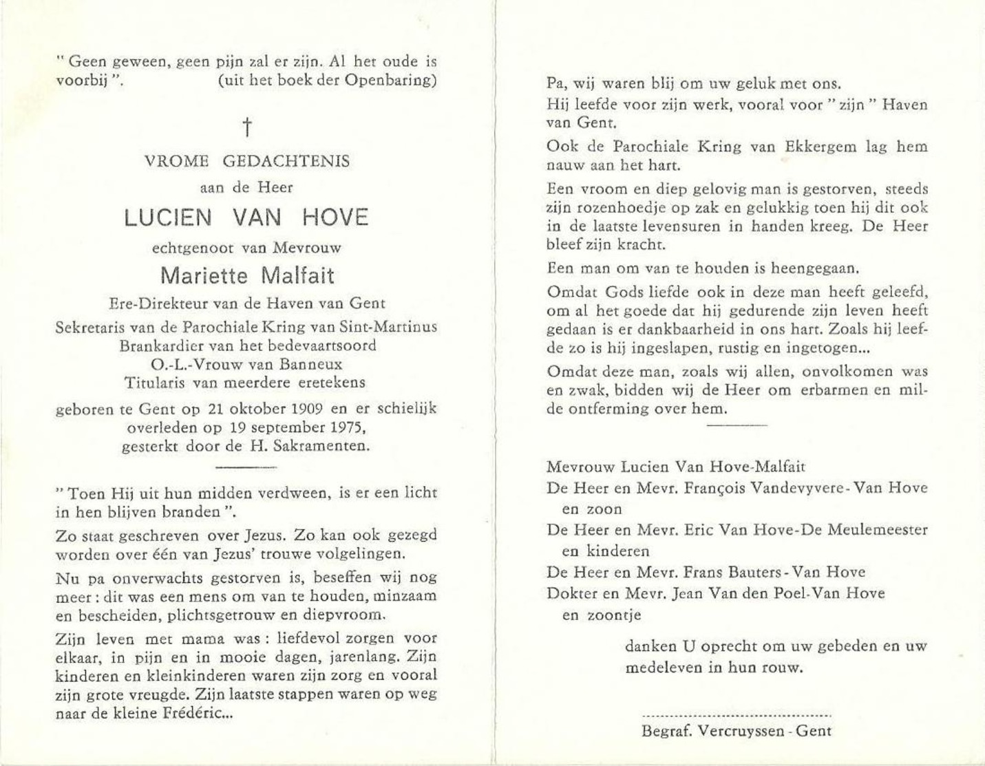 Doodsprentje Van Lucien VAN HOVE ° GENT 1909-  * GENT 1975- Ere-directeur Van De HAVEN Van GENT - Religion & Esotérisme