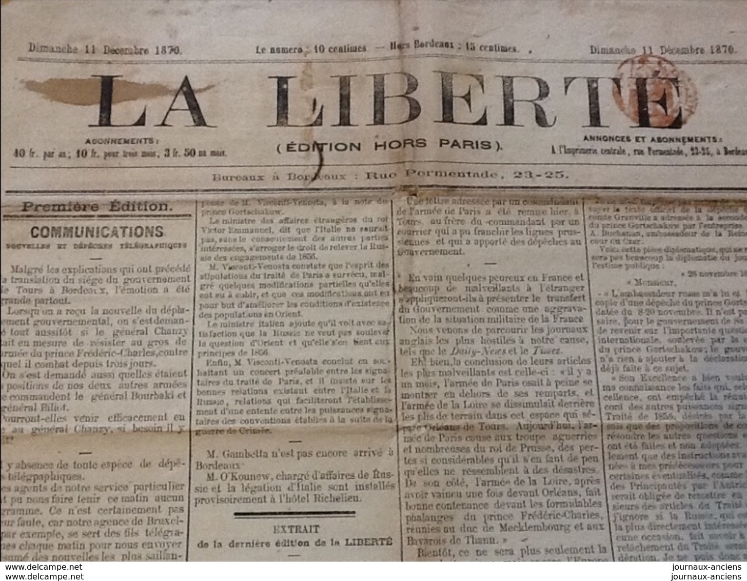 1870 Journal LA LIBERTÉ Du 11 Décembre - GUERRE DE 1870 - Général CHANZY - Siège Du Gouvernement TOURS à BORDEAUX - 1850 - 1899