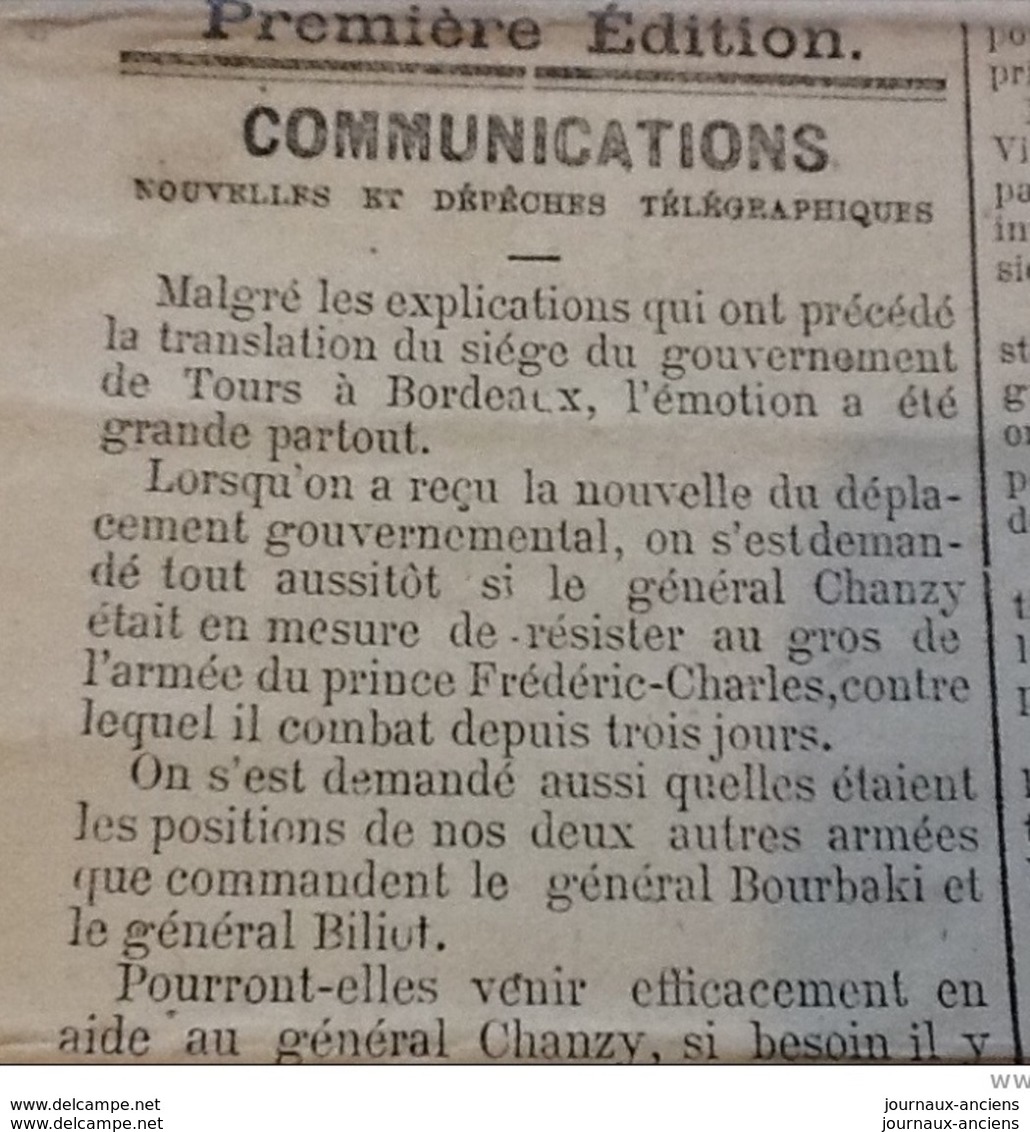 1870 Journal LA LIBERTÉ Du 11 Décembre - GUERRE DE 1870 - Général CHANZY - Siège Du Gouvernement TOURS à BORDEAUX - 1850 - 1899