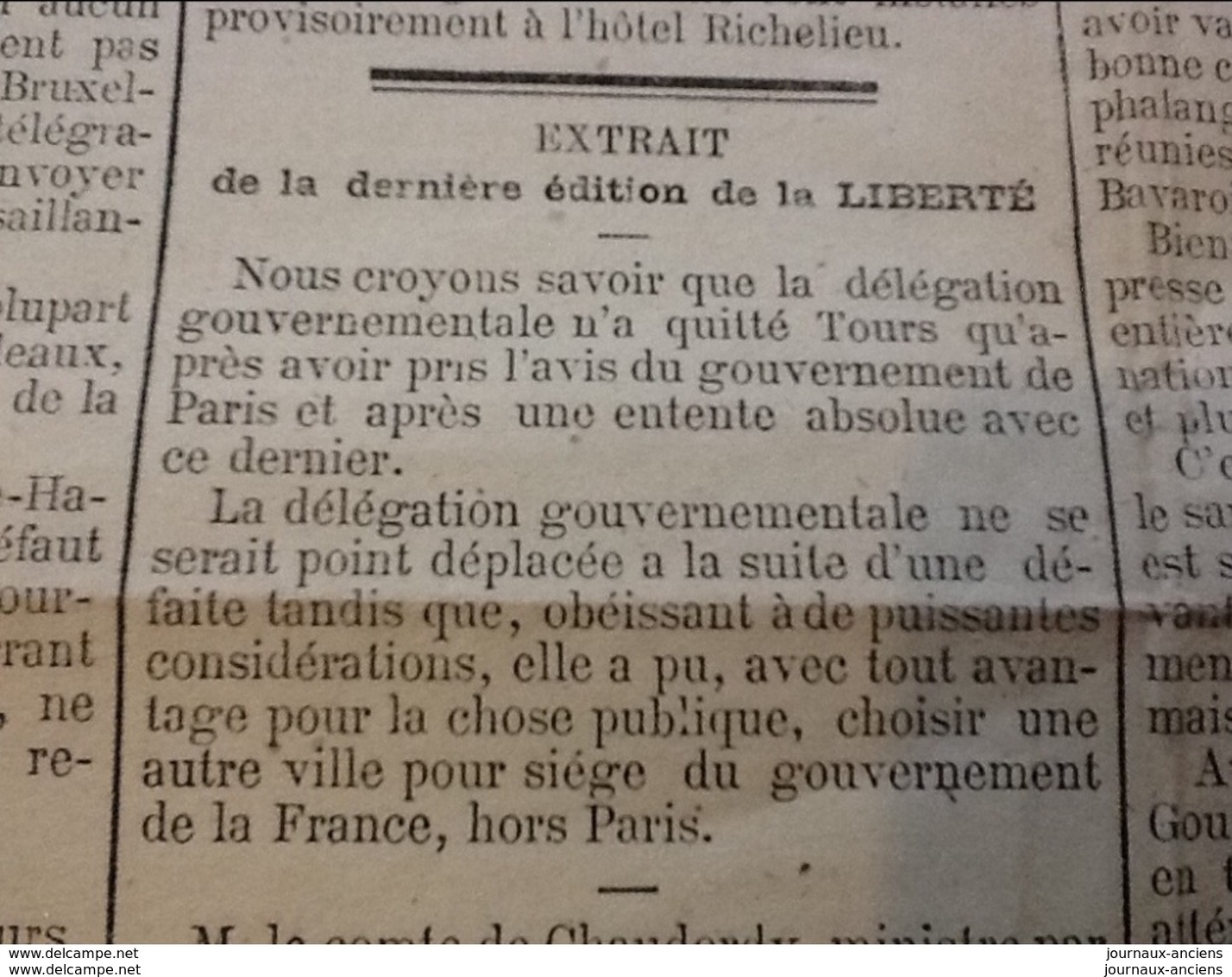 1870 Journal LA LIBERTÉ Du 11 Décembre - GUERRE DE 1870 - Général CHANZY - Siège Du Gouvernement TOURS à BORDEAUX - 1850 - 1899