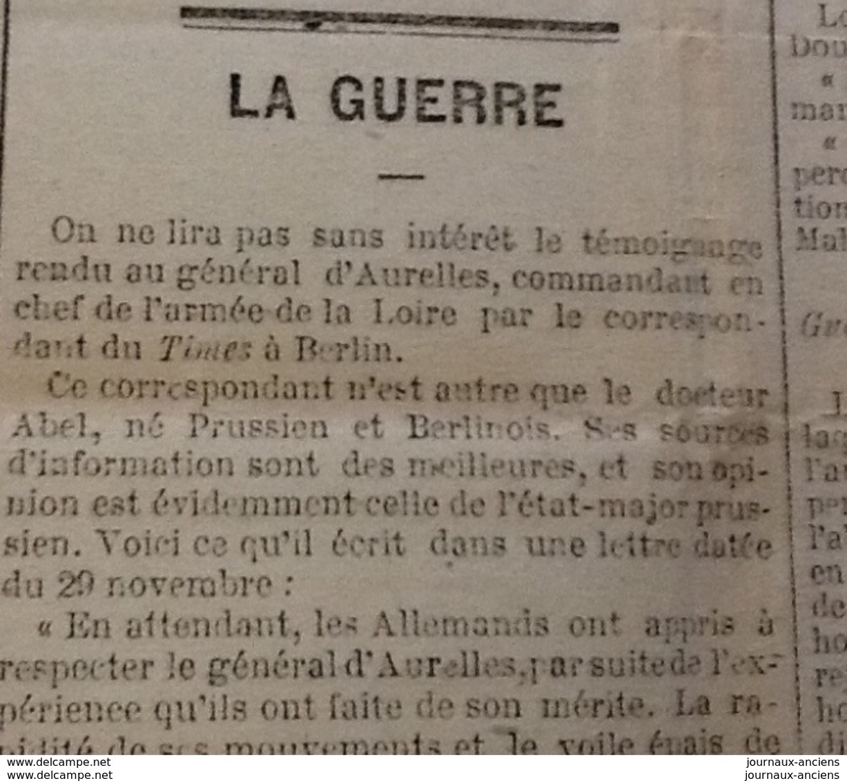 1870 Journal LA LIBERTÉ du 11 Décembre - GUERRE DE 1870 - Général CHANZY - Siège du gouvernement TOURS à BORDEAUX