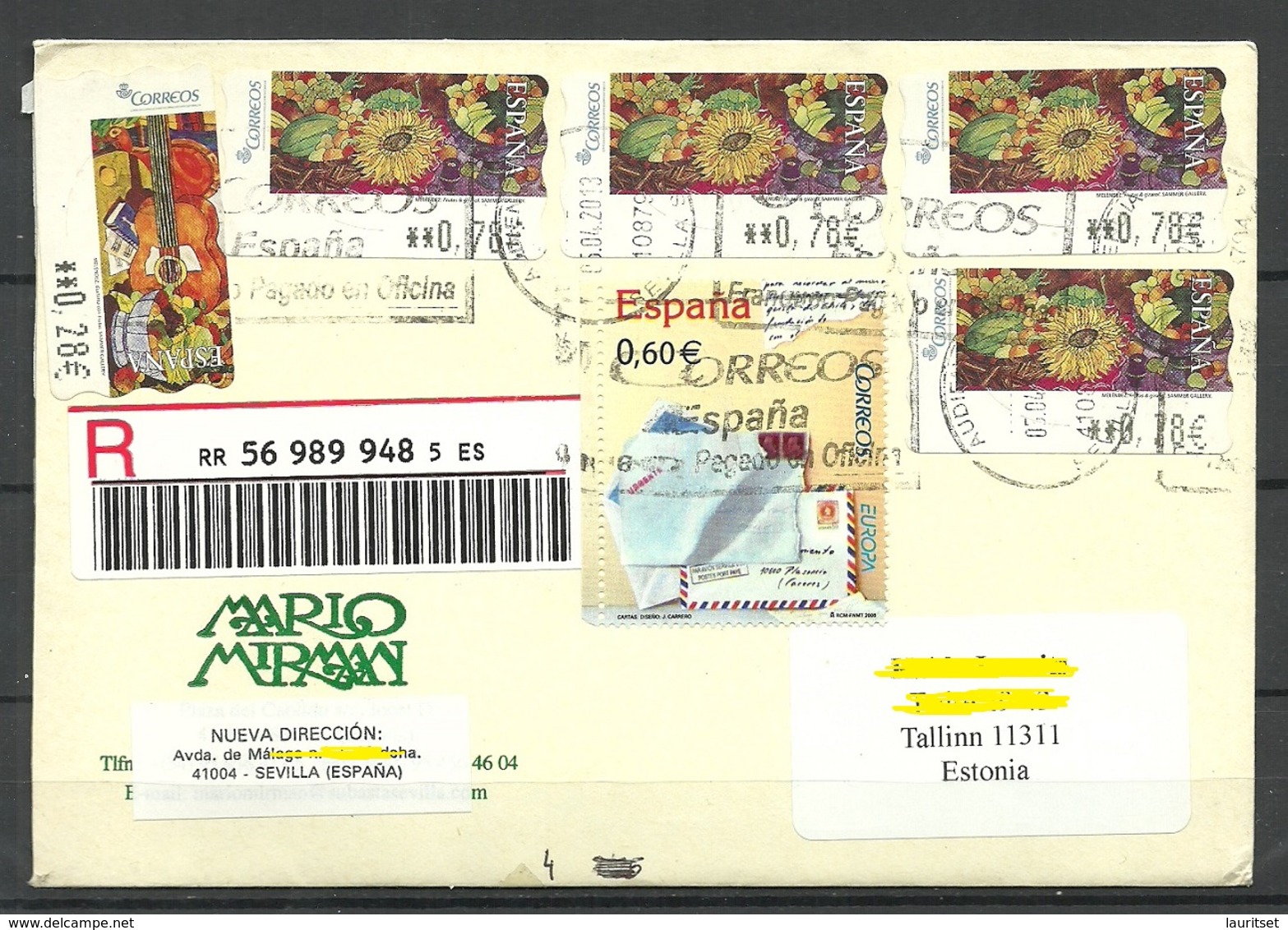 SPAIN Espana 2013 Registered Cover To Estonia With ATM-stamps - Covers & Documents