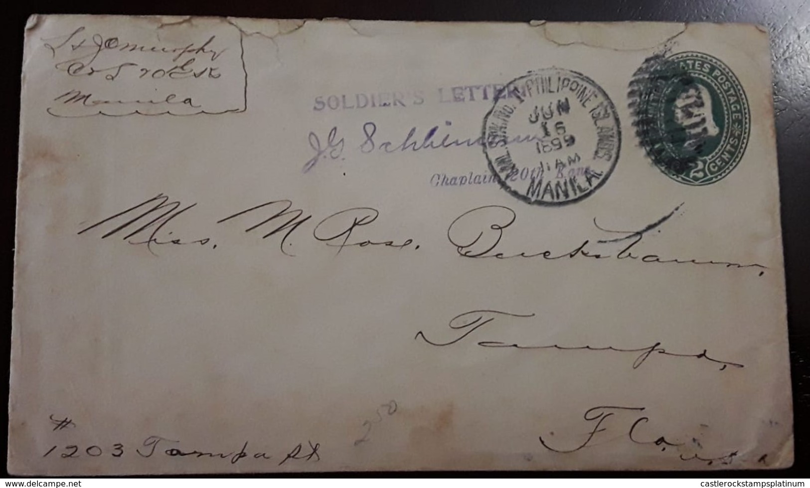 O) 1899 PHILIPPINES- US POSSESSIONS,  SOLDIER'S LETTER , PHILIPPINE ISLANDS - MANILA, CHAPLAIN,  WASHINGTON 2c POSTAL ST - Philippinen