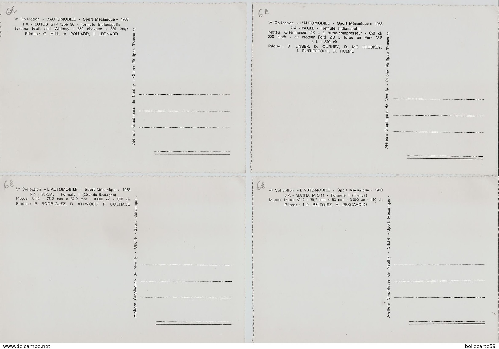 Automobile Sport Mécanique Année 1968  lot de 24 cartes