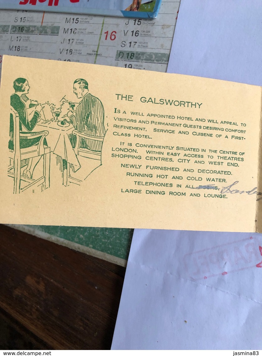 Carte De L’hôtel Galsworthy à Londres - Autres & Non Classés