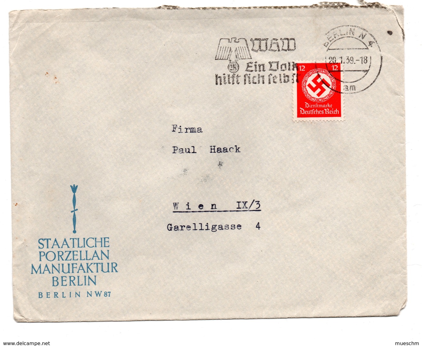 Deutschland, 1939, Briefkuvert Frankiert Mit 12Pf/Dienstmarke Und SStpl./Winterhilfswerk (17474E) - Briefe U. Dokumente