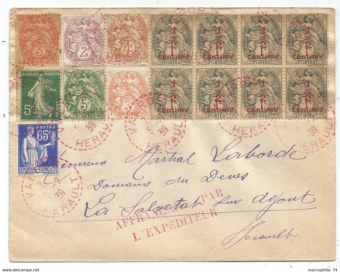 BLANC 1/C2 BLOC DE 8+3CX2+22+4C+ SEMEUSE PAIX LETTRE C.PERLE ROUGE VALROS 5.2.1939 HERAULT - 1900-29 Blanc