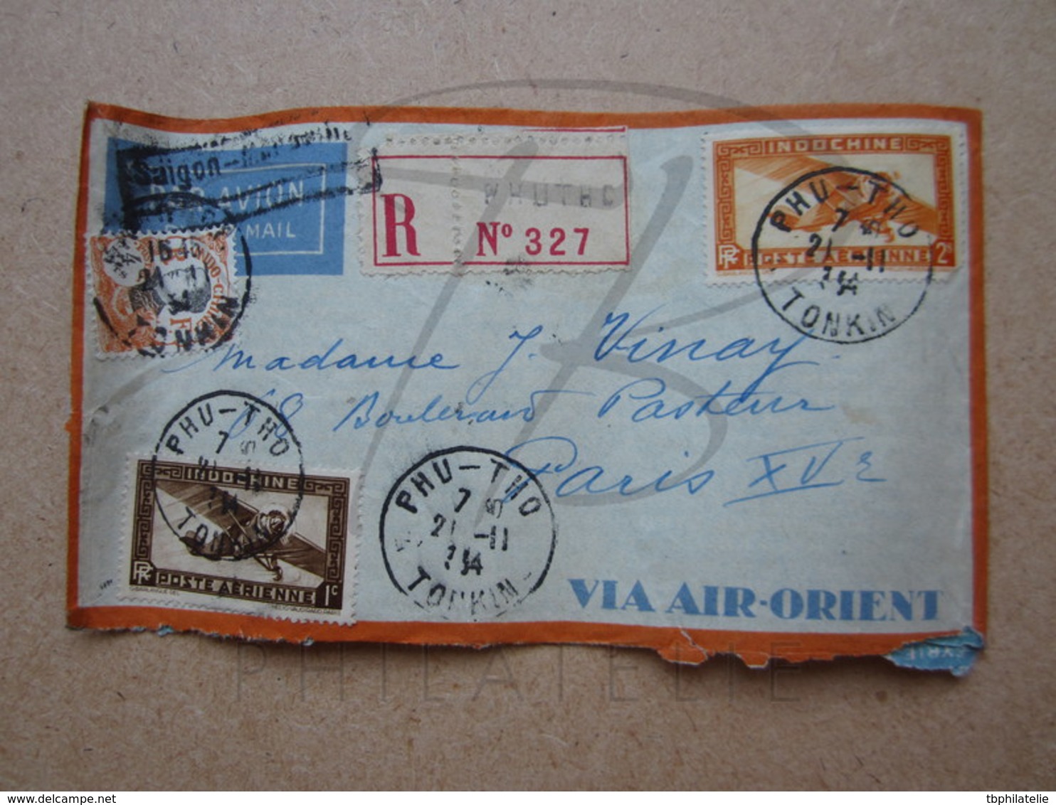 VEND TIMBRES D ' INDOCHINE N° 103 + P.A.1 + P.A.12 , SUR LETTRE RECOMMANDEE , DE " PHU-THO " !!! - Lettres & Documents