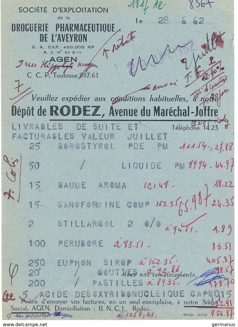 RODEZ ENTREPOT AVEYRON TàD 28-6-1962 Sur CP COMMERCIALE DROGUERIE PHARMACEUTIQUE - Cachets Manuels