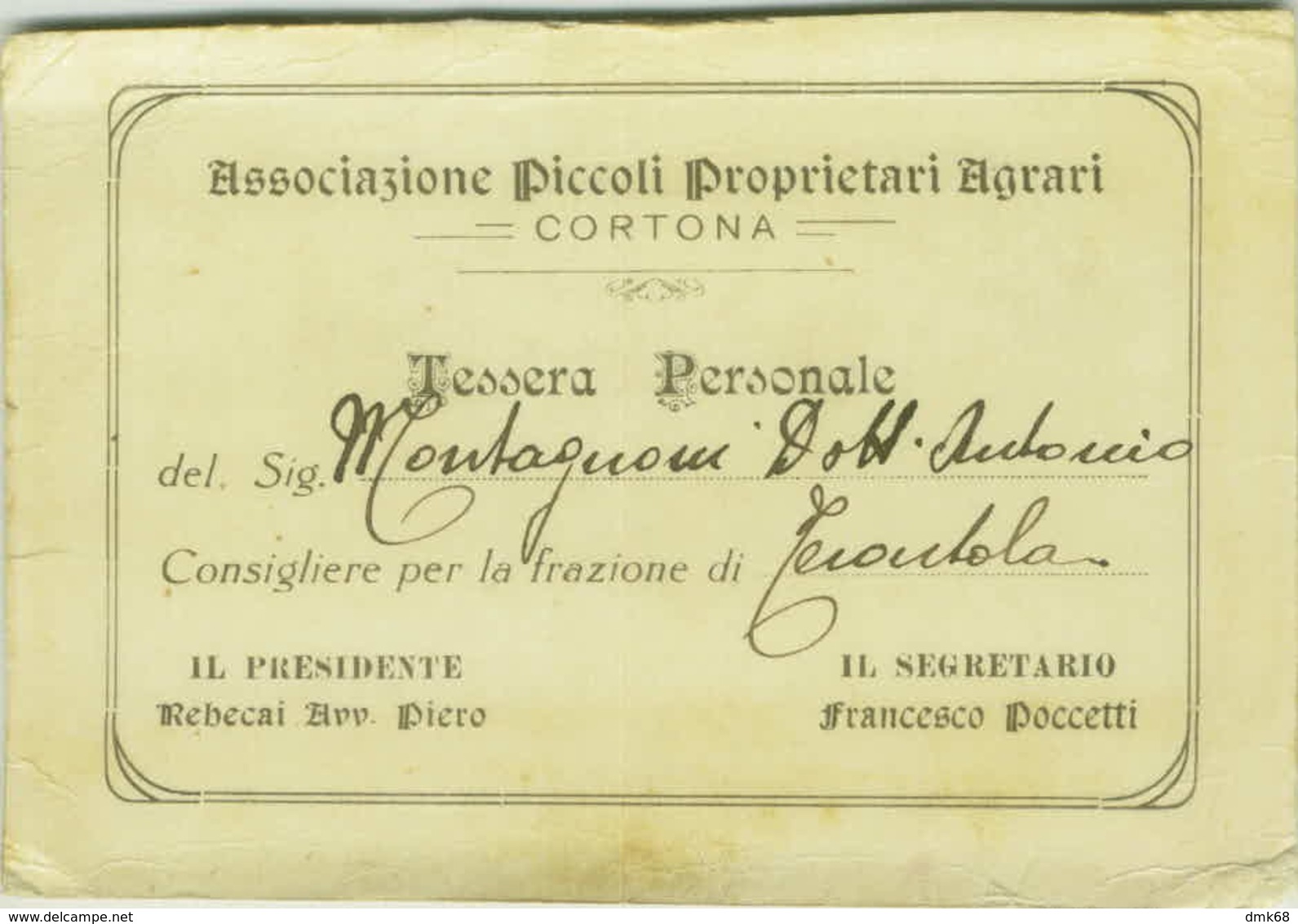 CORTONA ( AREZZO ) TESSERA ASSOCIAZIONE PICCOLI PROPRIETARI AGRARI - 1920s  (3344) - Historical Documents