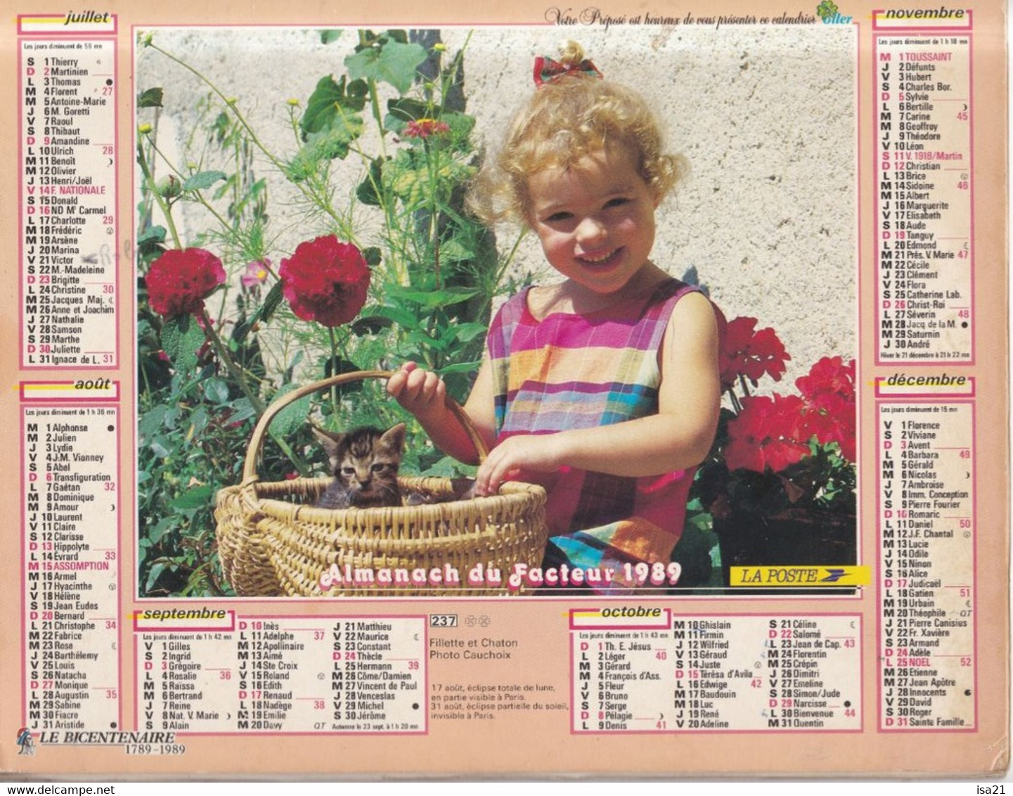 Calendrier Des Postes PTT 1989- Seine-Maritime: Fillette Et Caniche, Fillette Et Chaton, 2 Photos - Big : 1981-90