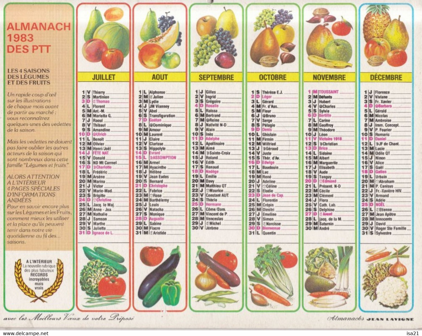 Calendrier Des Postes PTT 1983 ALPES-MARITIMES, Les 4 Saisons Des Fruits Et Légumes - Big : 1981-90