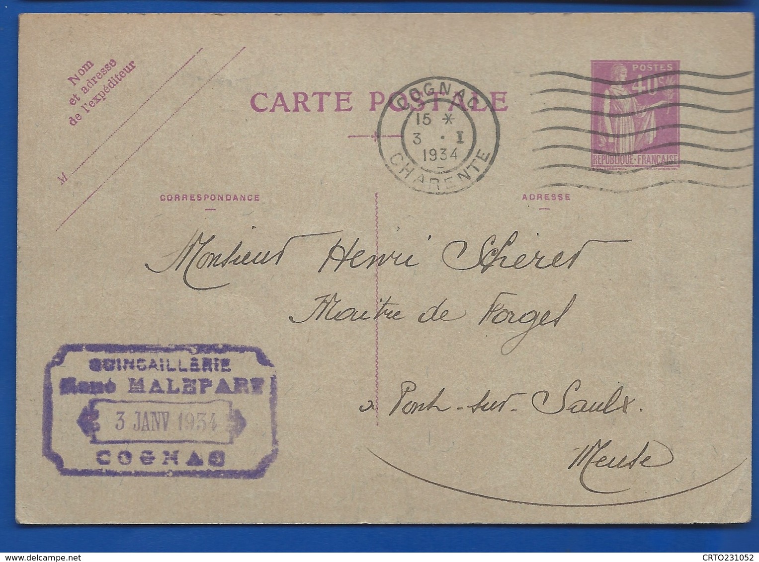 COGNAC   Carte Entier Postale  Avec Cachet Quincaillerie: René MALEPARE   écrite En 1934 - Cognac