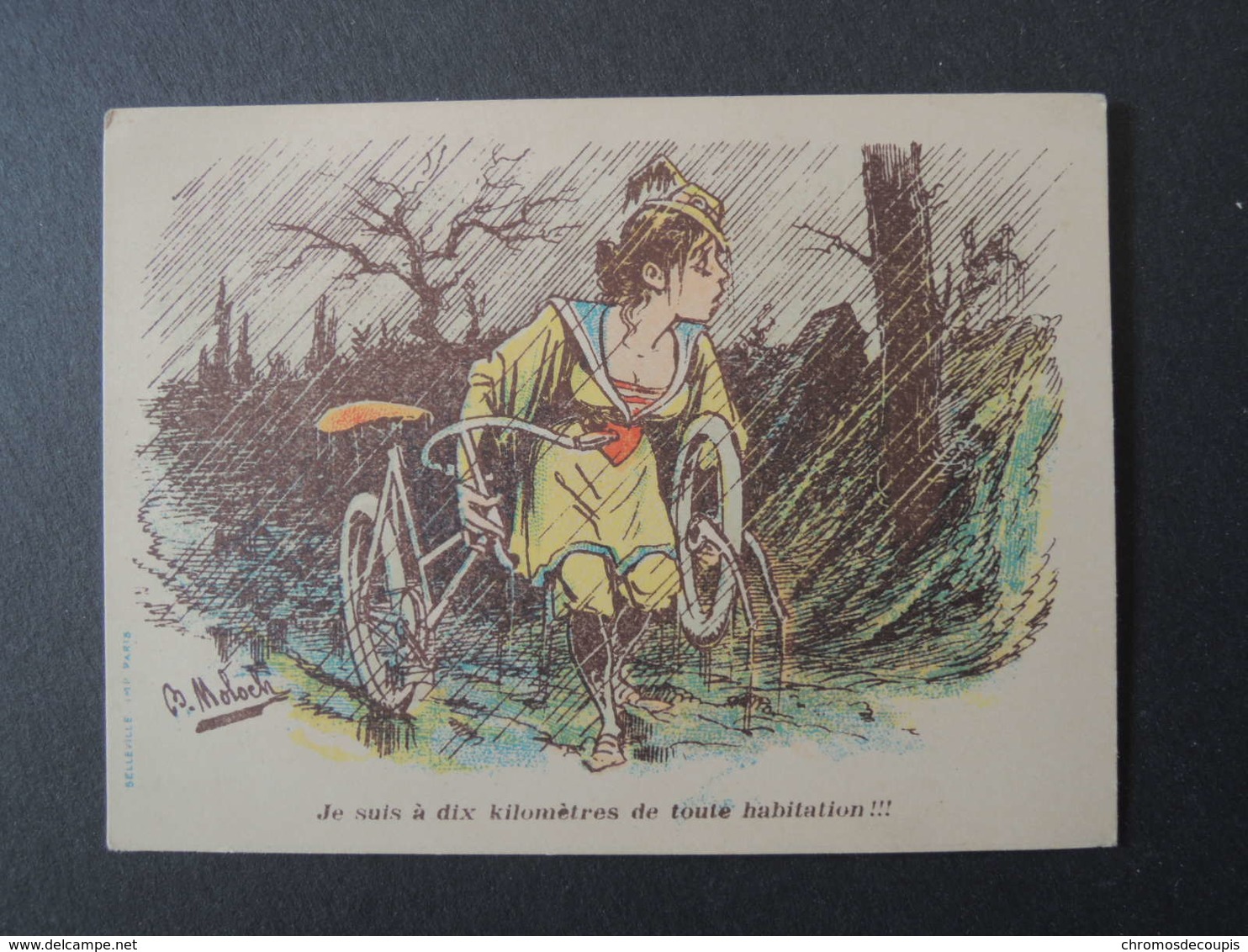 Chromo. Chocolat Grondard. Illustration MOLOCH. VELO. Panne De Bicyclette. Vélo Cassé. Pluie - Autres & Non Classés