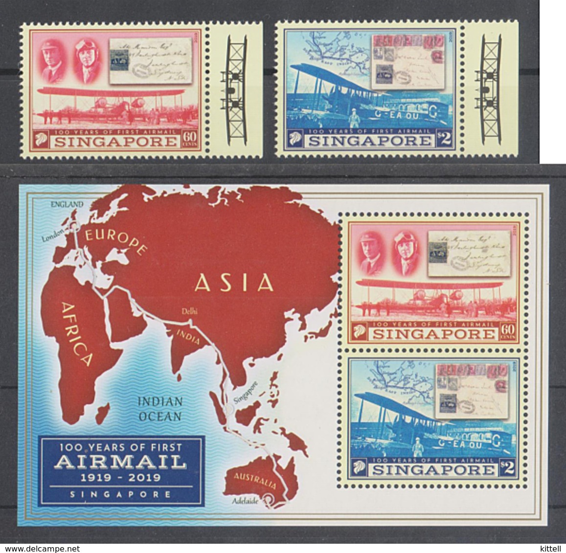 Singapore 2019, 100 Years Of First Airmail Flight 2v + MS,  MNH - Post