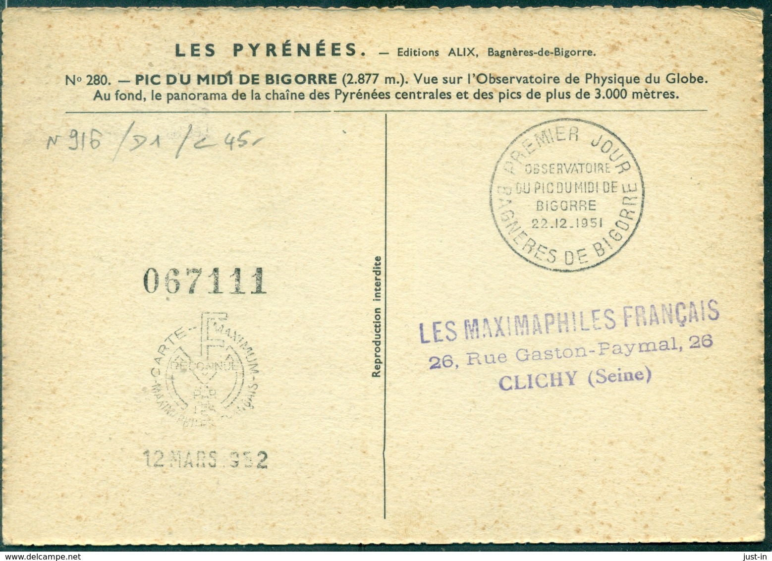 FRANCE Carte Maximum N° 916 Pic Du Midi Ob. FDC 22.12.1951 Ref. D1 TB Cote : 45 €. - 1950-1959