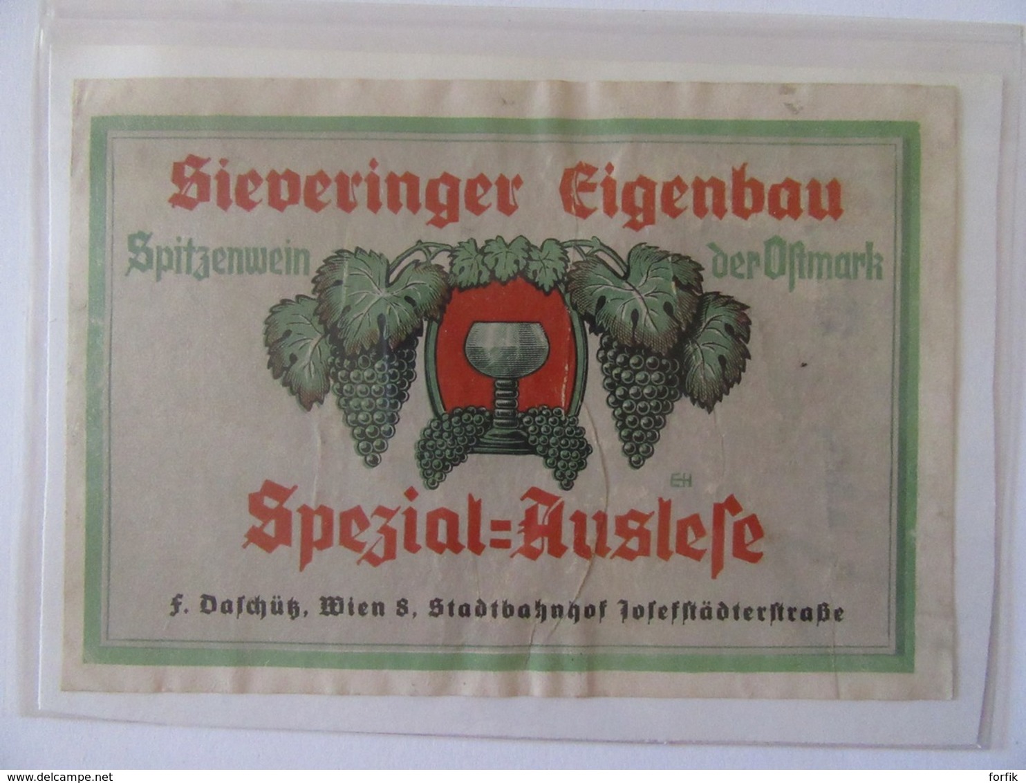 Autriche - Vieille étiquette De Vin Sieveringer Eingebau Spitzenwein Der Ostmark, Vienne / Wien - Non-daté, Vers 1945 - Altri & Non Classificati