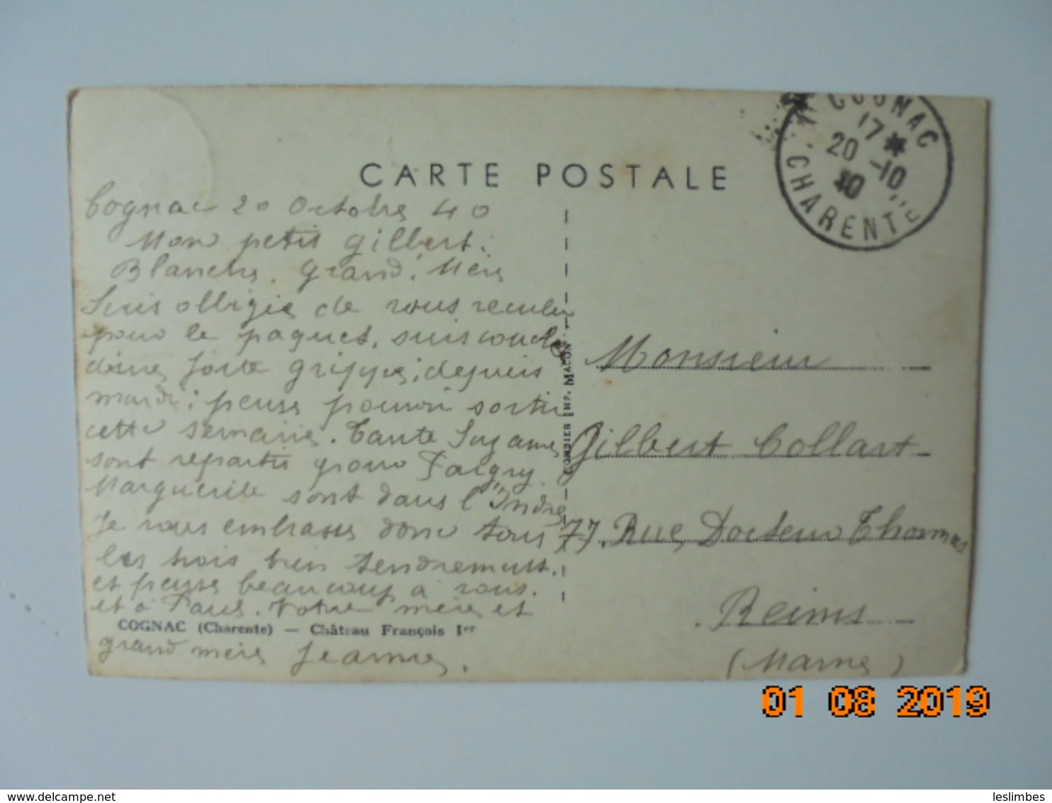 Cognac. Chateau Francois Ier. CIM Postmarked 1940. - Cognac