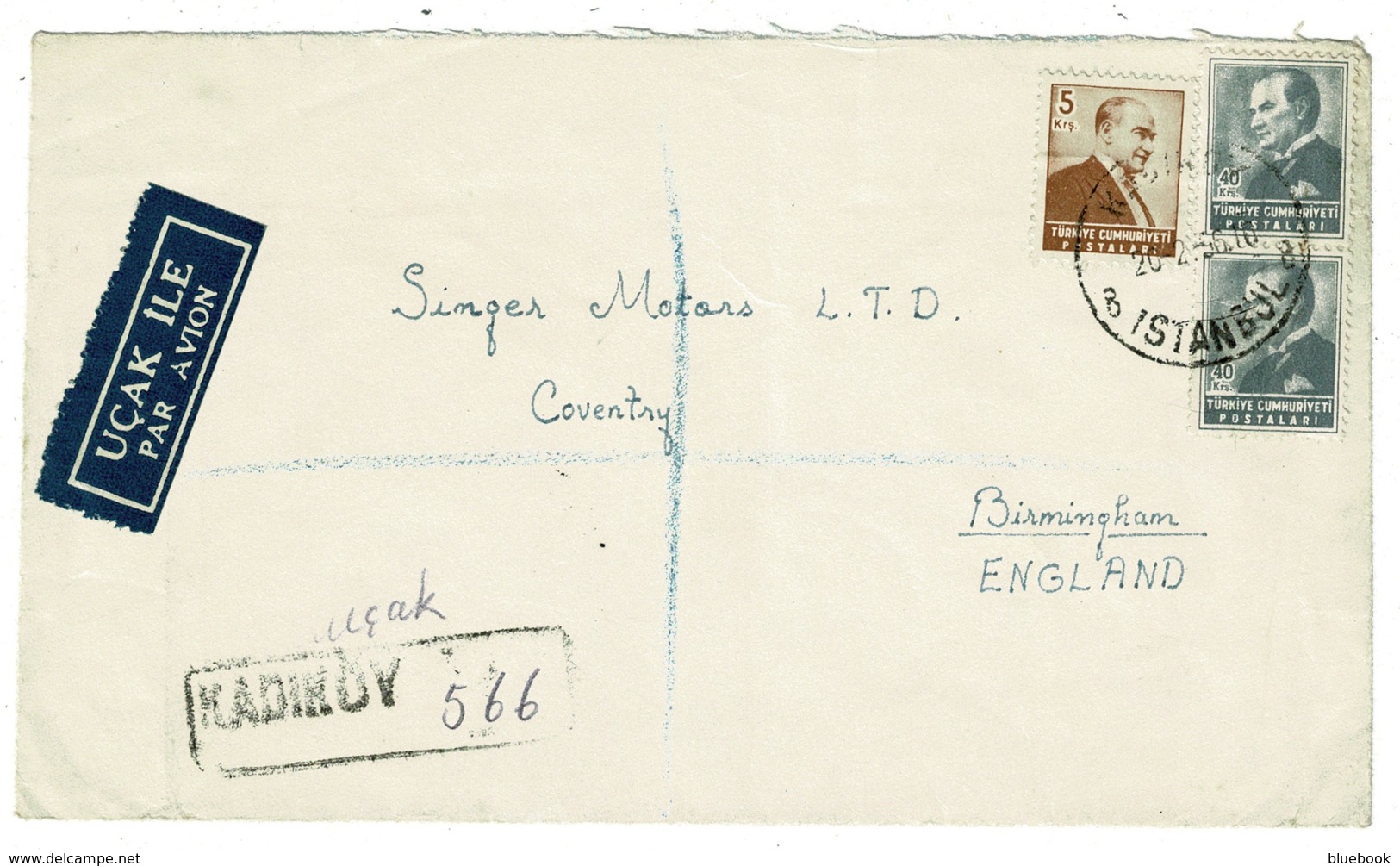 Ref 1312 - 1956 Registered Airmail Cover - Istanbul Turkey 85 Kurs. Rate To Birminham UK - Briefe U. Dokumente