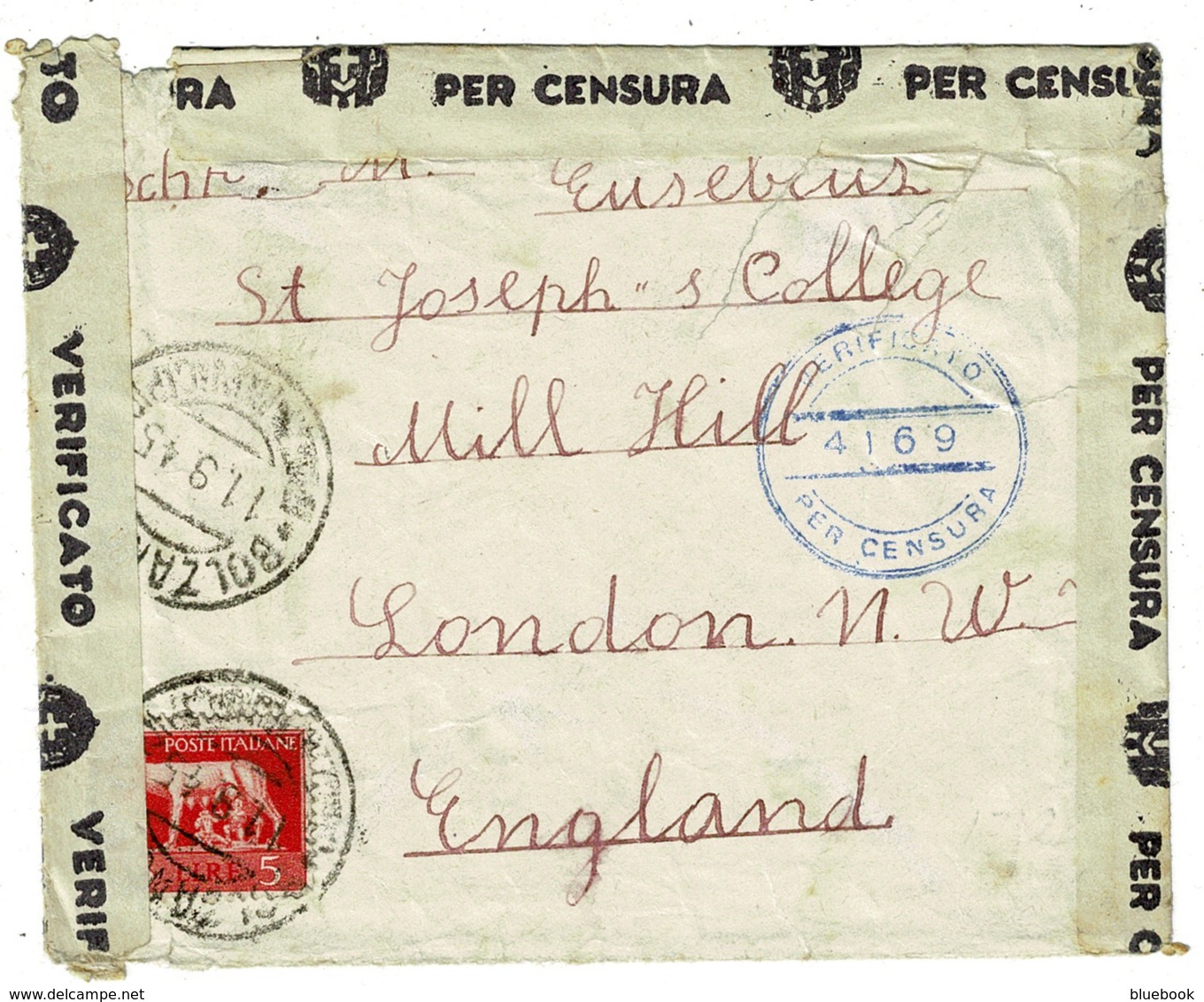 Ref 1312 - 1945 WWII - Italy Censored Cover L5 Rate Bolzano To London - Propaganda Di Guerra