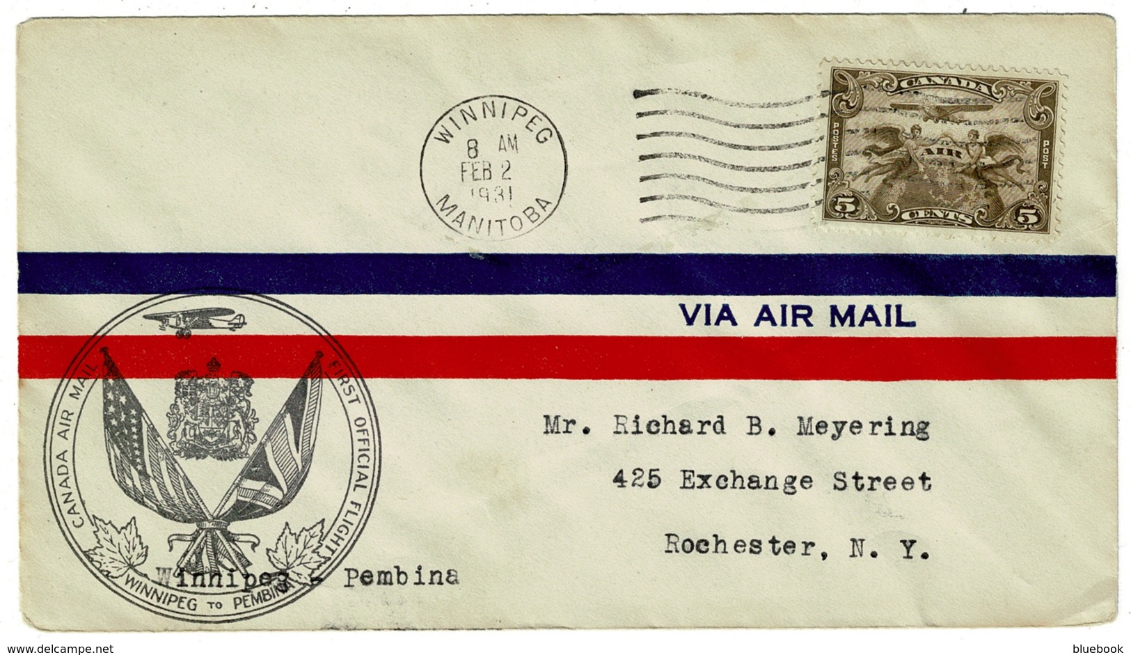 Ref 1312 - 1931 Canada First Flight Cover - Winnipeg To Pembina - 5c Airmail Rate - First Flight Covers