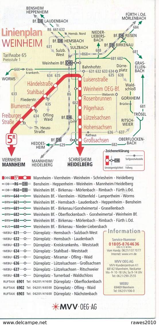 Weinheim 2003 Stadtplan - Linienplan - Fahrplan MVV OEG AG Strassenbahn Bus Faltblatt 5 Seiten - Europe