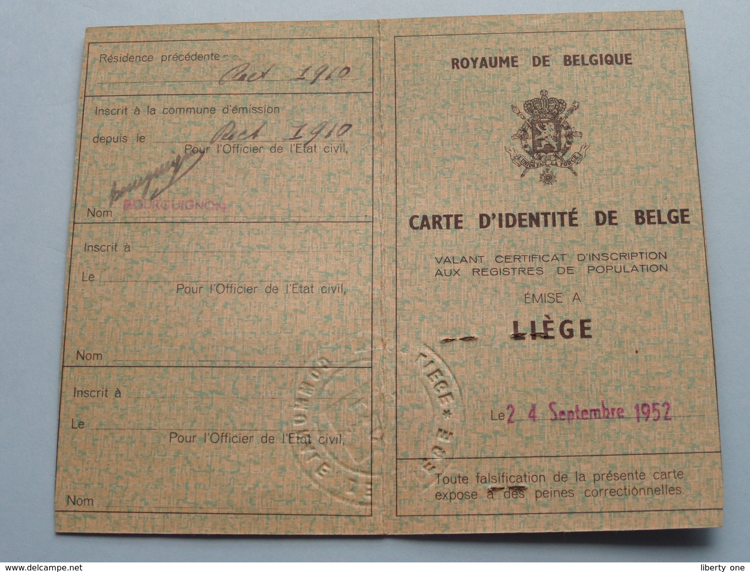 CARTE D'IDENTITE Belge ( Liège ) CHARLET Elise (Boton Lambert) 1 Juil 1889 Paris ( Details Zie Foto ) Anno 1952/60 ! - Non Classés