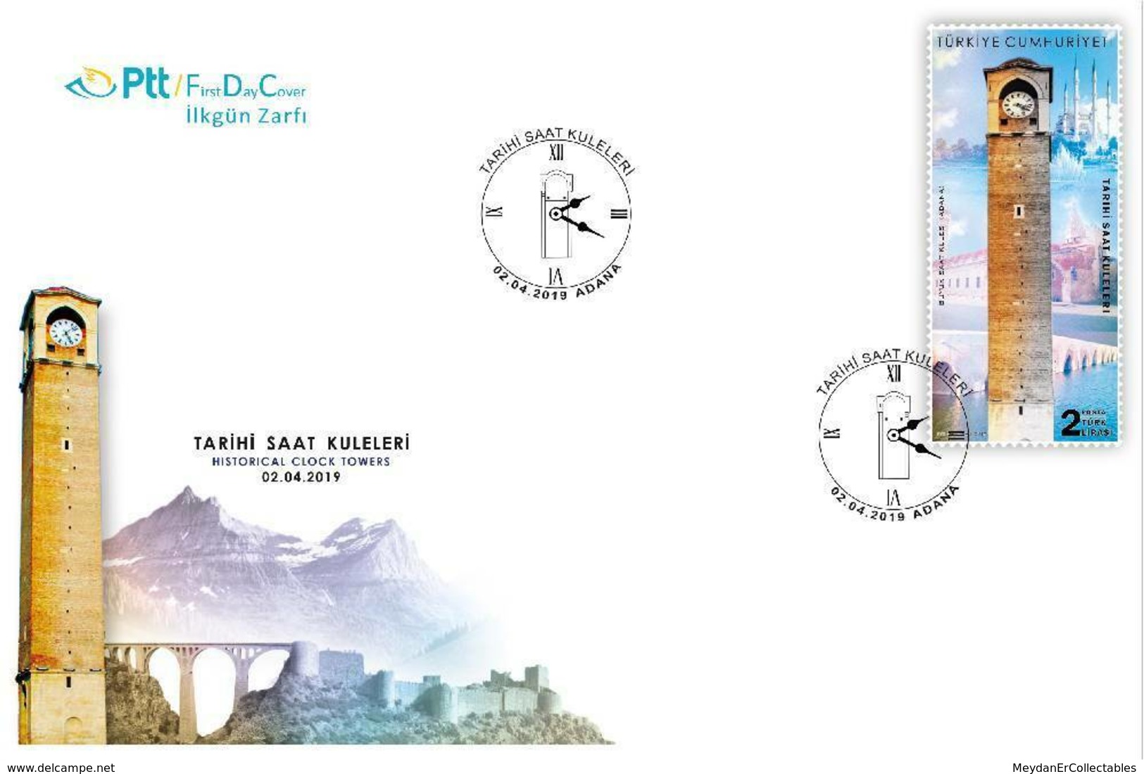 TURKEY / 2019 - (FDC) HISTORICAL CLOCK-TOWERS (ADANA, BRIDGE, MOSQUE), MNH - Nuevos