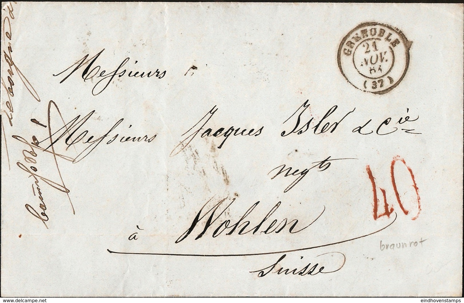 France 1861, Grenoble 21 Nov Couverture Par Lyon à Paris Et Paris à Bale Jusqu'a Wohlen, 23 Nov 65 - 1849-1876: Classic Period