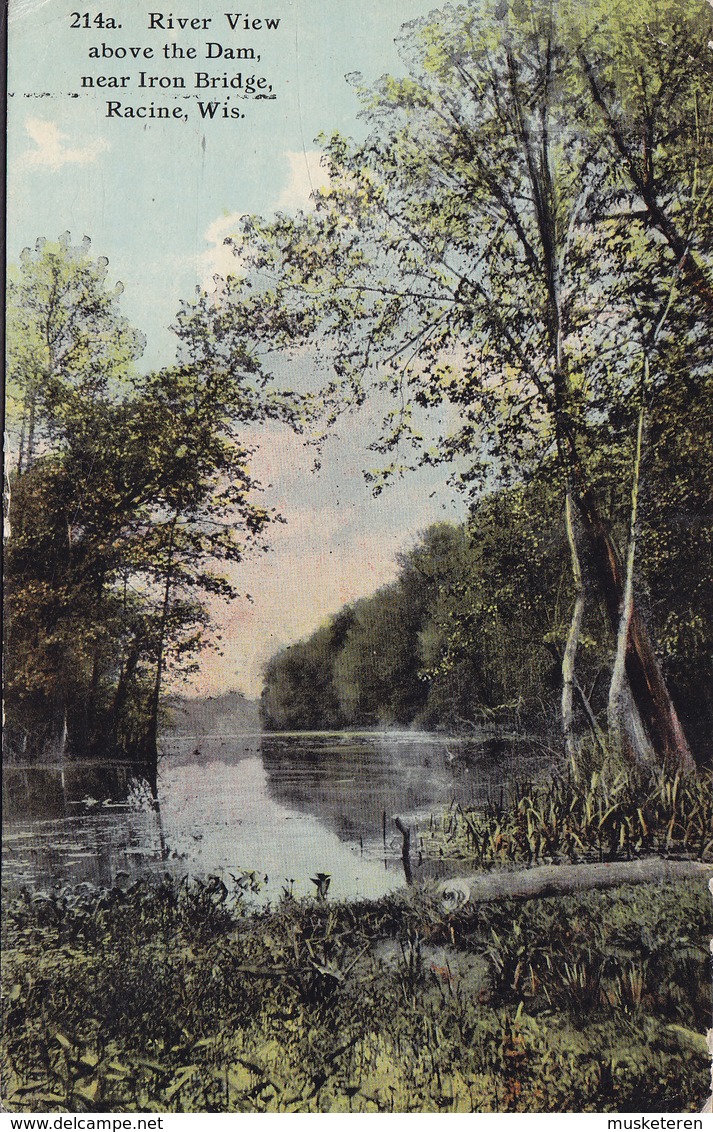 United States PPC River View Above The Dam Near Iron Bridge, Racine Wis. RACINE 1914 3-Sided Booklet Stamp (2 Scans) - Racine