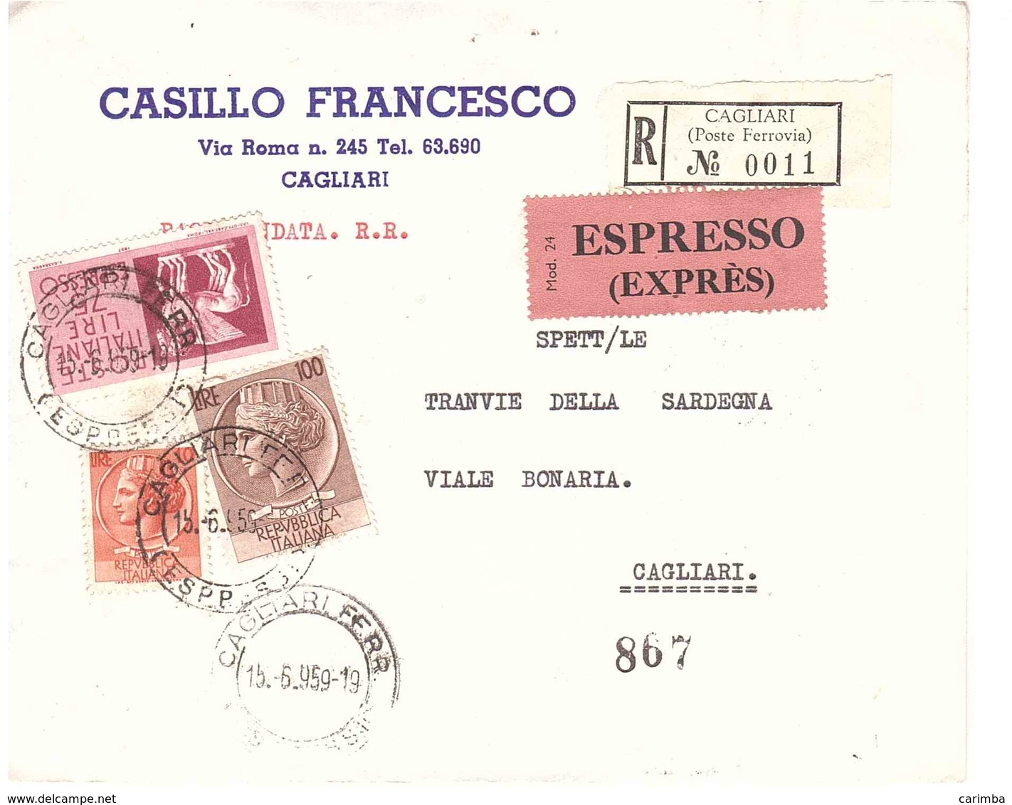 RACCOMANDATA ESPRESSO CASILLO FRANCESCO CAGLIARI - 1946-60: Storia Postale