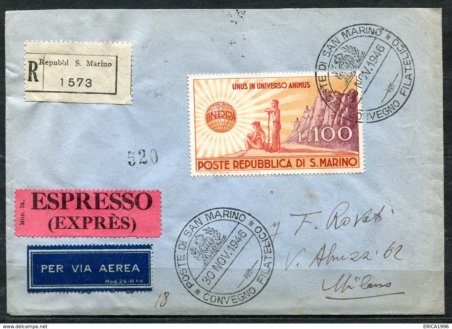 G43-26 SAN MARINO 1946 UNRRA 100 L. Isolato Su Raccomandata Da  San Marino 30 Nov 1946 Per Milano, Annulli Di Transito E - Covers & Documents