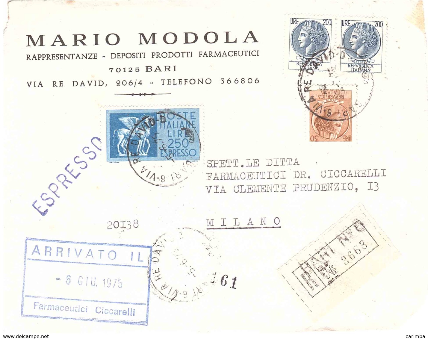 FRONTE RACC. EX BARI 6 VIA RE DAVIO MARIO MODOLA PRODOTTI FARMACEUTICI BARI - 1971-80: Storia Postale